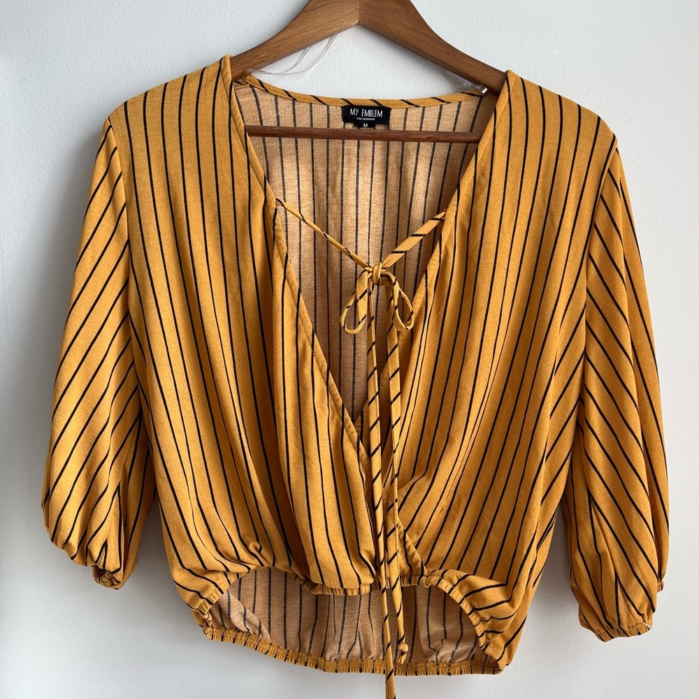 My Emblem Sz M Stripped Open Front Relaxed Fit Blouse Top Mustard